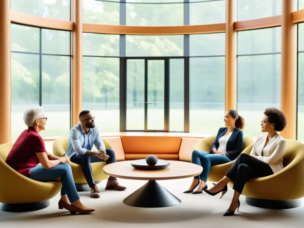 Diálogo diverso en espacio moderno Grupo diverso en diálogo respetuoso, reflejando la Teoría Acción Comunicativa Habermas en un espacio moderno y acogedor