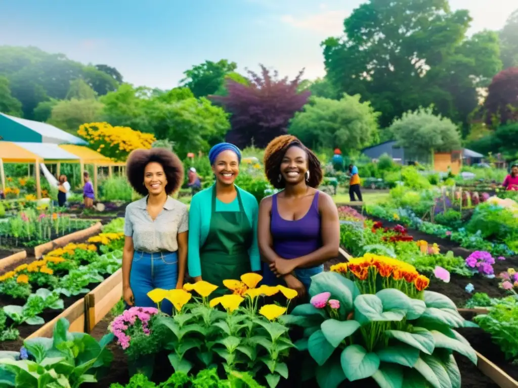 Grupo diverso practicando ecofeminismo en un jardín comunitario