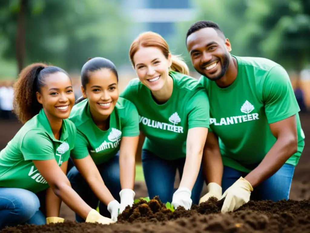 Grupo diverso de empleados plantando árboles en la comunidad, mostrando la importancia de la responsabilidad social corporativa