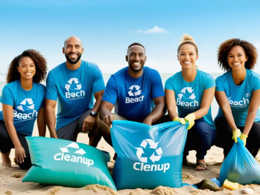 Grupo diverso de empleados participa en limpieza de playa, mostrando la importancia de la responsabilidad social corporativa