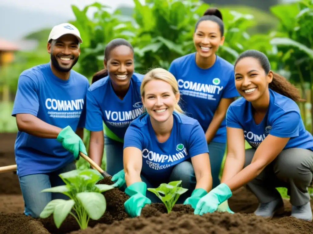Grupo diverso de empleados construye jardín sostenible en barrio desfavorecido, mostrando influencia ética empresarial en bienestar social