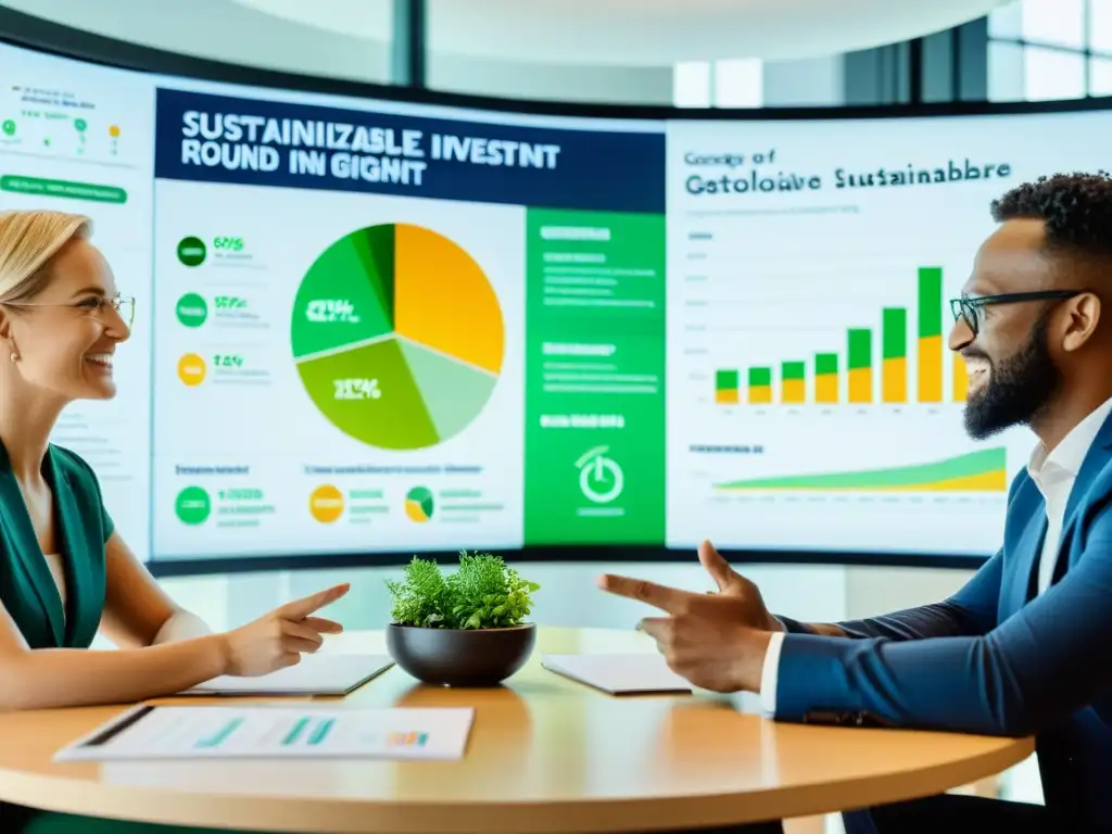 Grupo diverso discute estrategias de Fondos de inversión sostenibles en moderna oficina llena de luz natural y vegetación
