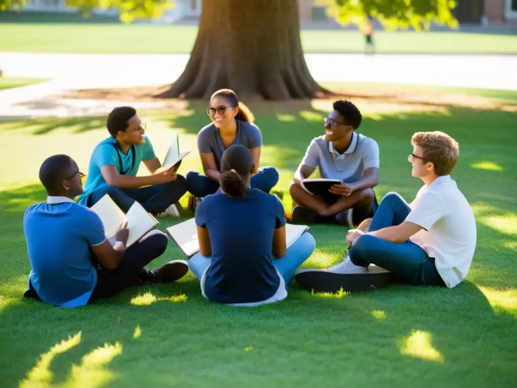 Un grupo diverso de estudiantes en animada discusión bajo un árbol