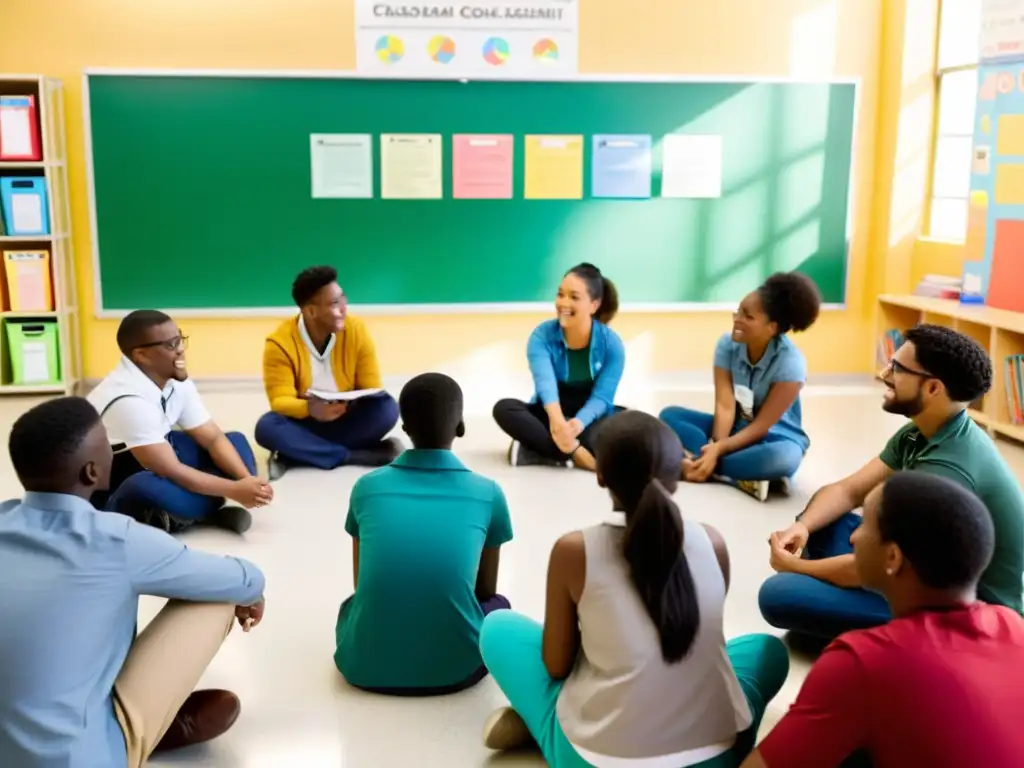 Grupo diverso de estudiantes participando en una animada discusión en un aula luminosa, con la mayéutica como herramienta educativa