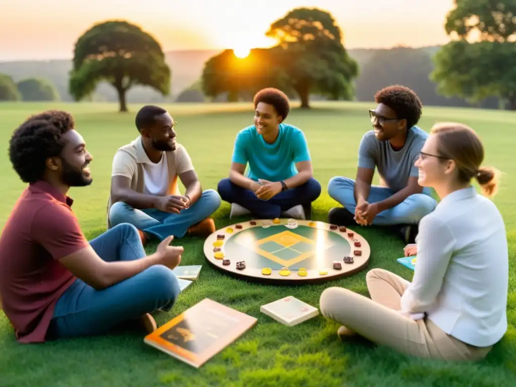 Círculo filosófico: aprendizaje interactivo y colaborativo Un grupo diverso de estudiantes disfruta de una animada discusión filosófica mientras juegan un juego de mesa en un campo al atardecer