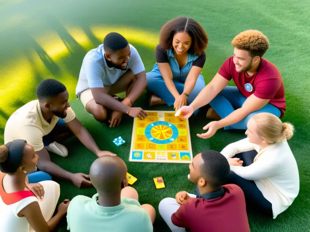 Un grupo diverso de estudiantes disfruta de un animado juego filosófico para explorar culturas al atardecer en un campo