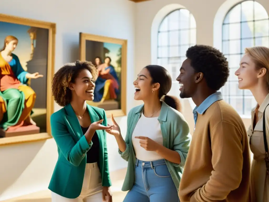 Un grupo diverso de estudiantes de arte discute apasionadamente una obra famosa en un estudio soleado, rodeado de esculturas y pinturas vibrantes