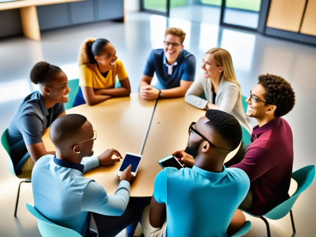 Grupo diverso de estudiantes colaborando en aula digital
