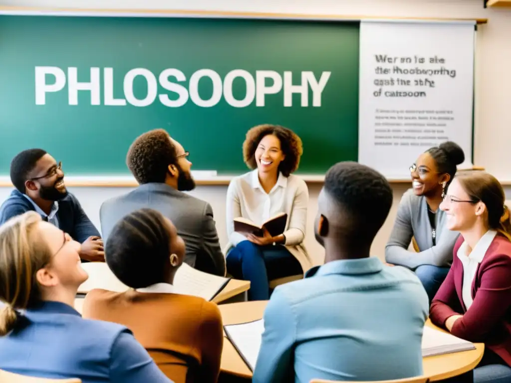 Grupo diverso de estudiantes debatiendo filosofía en un aula acogedora, fomentando técnicas para estimular diálogo filosófico
