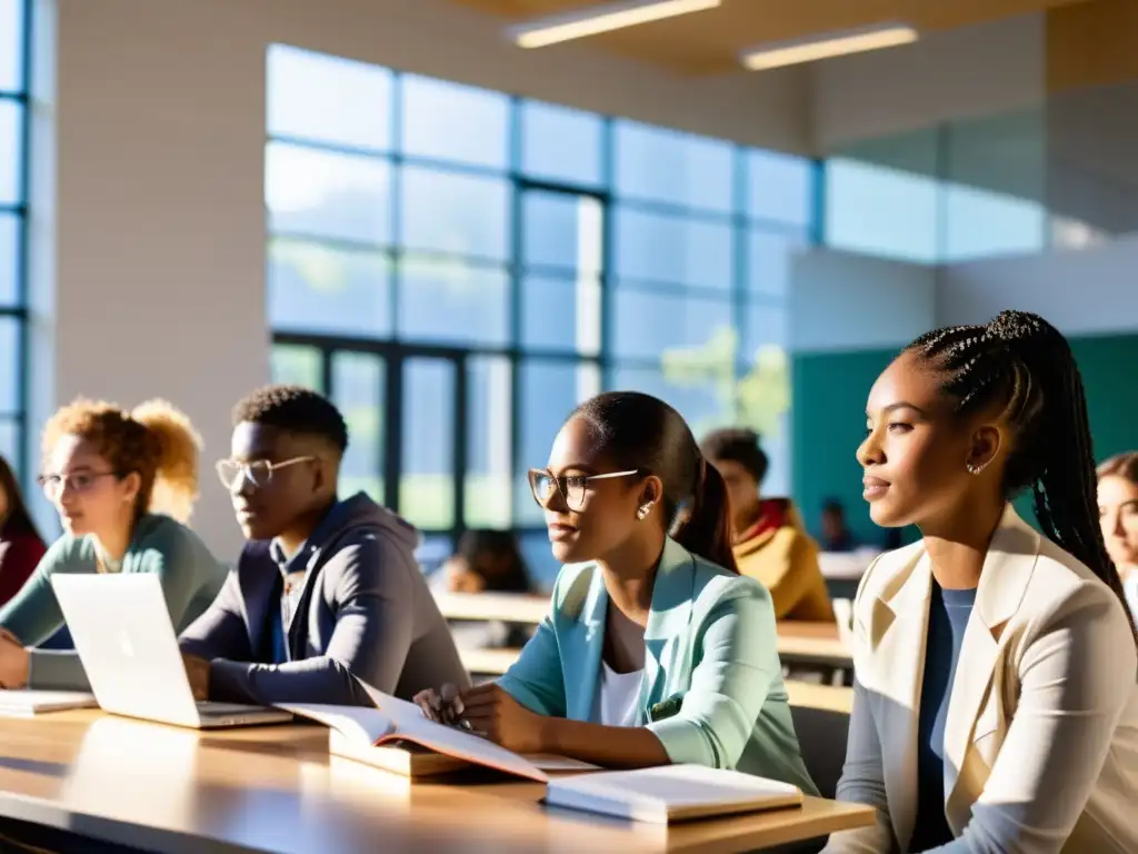 Grupo diverso de estudiantes colaborando en aula universitaria moderna, representando la interdisciplinariedad en la educación superior