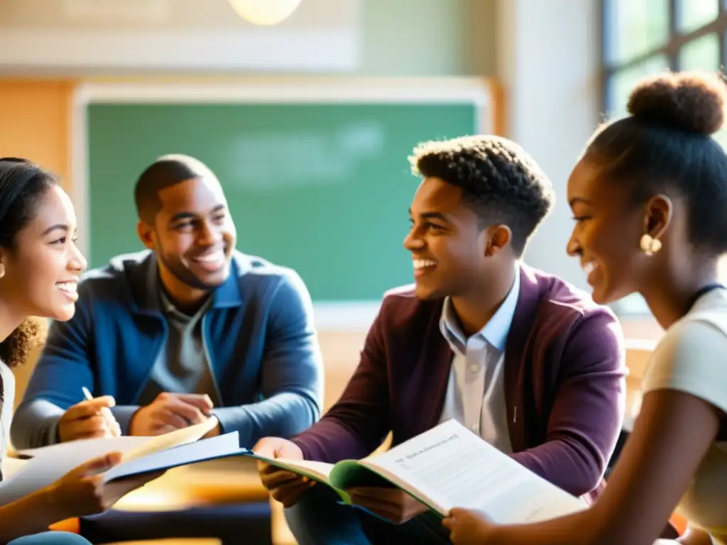 Grupo diverso de estudiantes debatiendo animadamente en un aula soleada, contribución filosofía existencialista educación personalizada