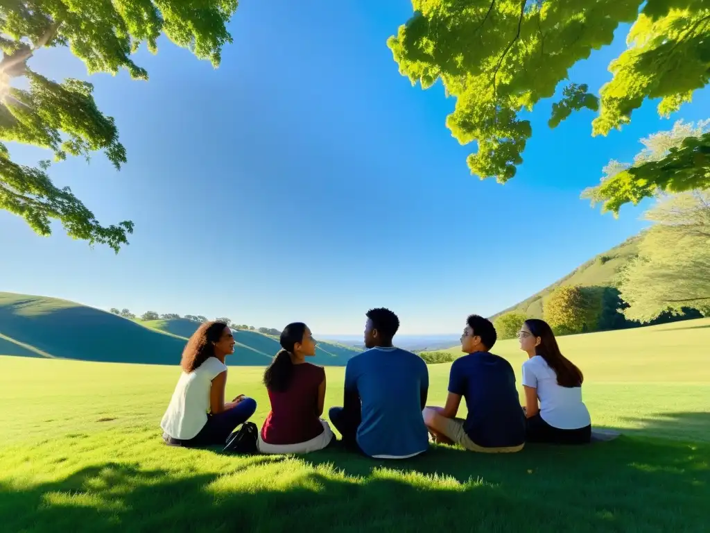 Un grupo diverso de estudiantes se sienta en círculo en un campo de hierba, inmersos en una profunda discusión