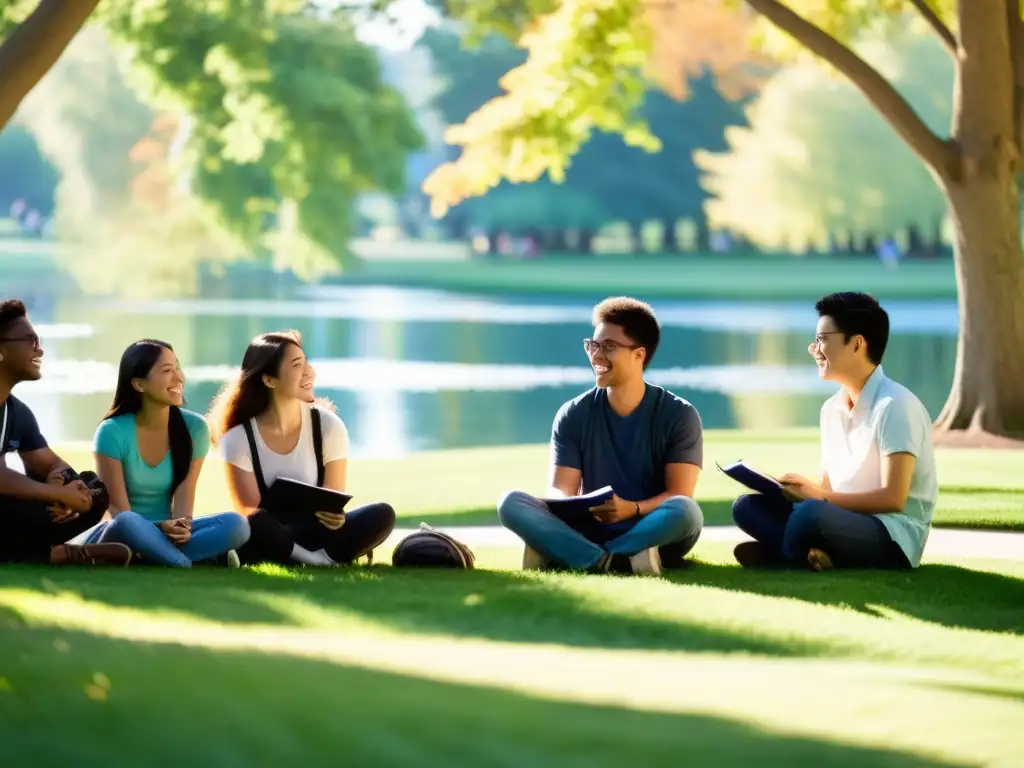 Grupo diverso de estudiantes discuten animadamente en círculo en el parque