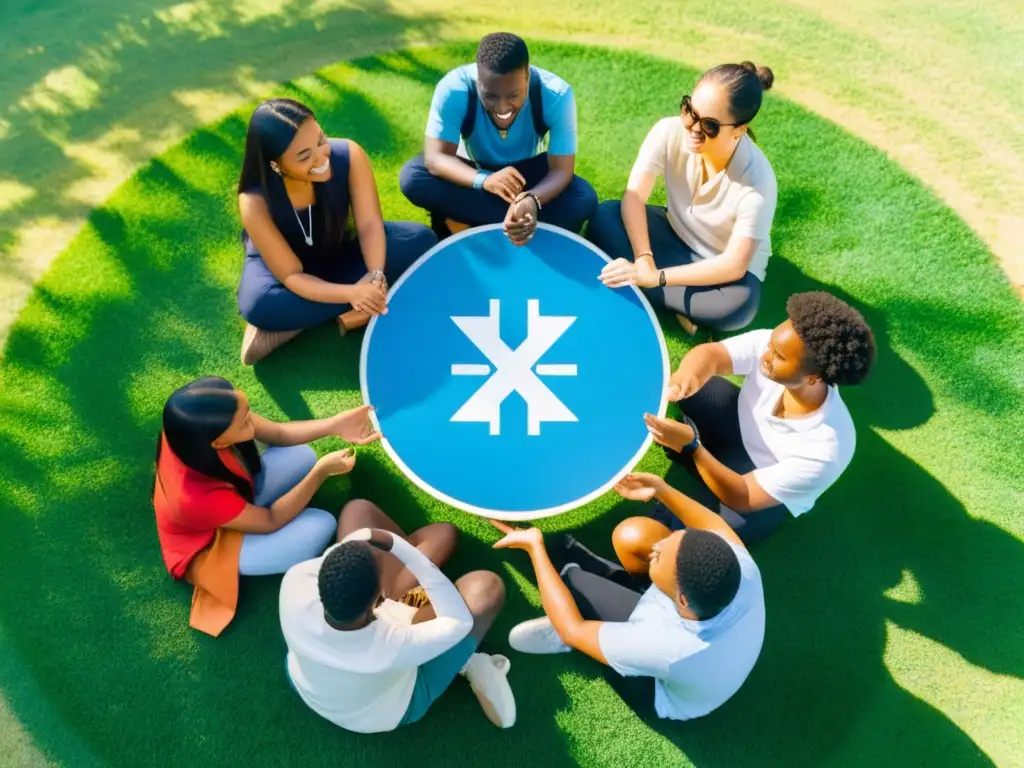 Un grupo diverso de estudiantes discute apasionadamente en un círculo en un campo, rodeados de árboles y cielo azul