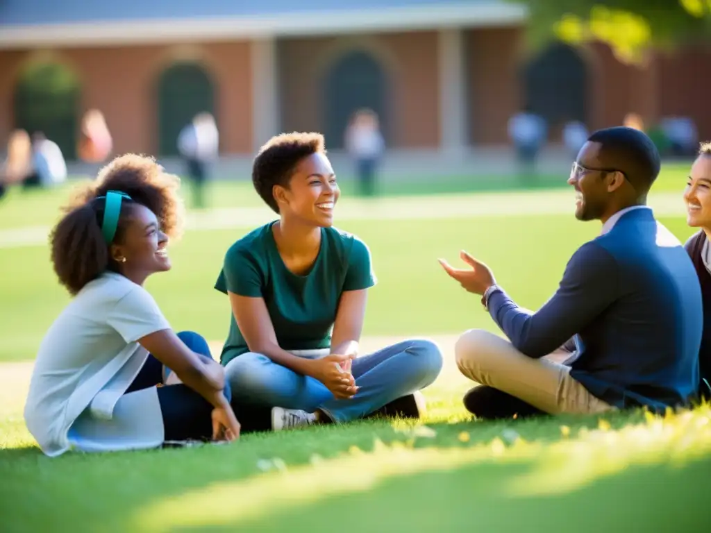 Grupo diverso de estudiantes debatiendo animadamente en círculo en un parque soleado, mientras un profesor observa con orgullo