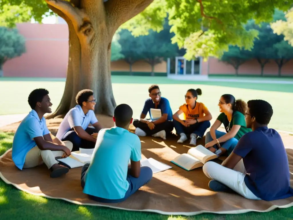 Grupo diverso de estudiantes en círculo bajo un árbol, intercambiando ideas y rodeados de libros y papeles