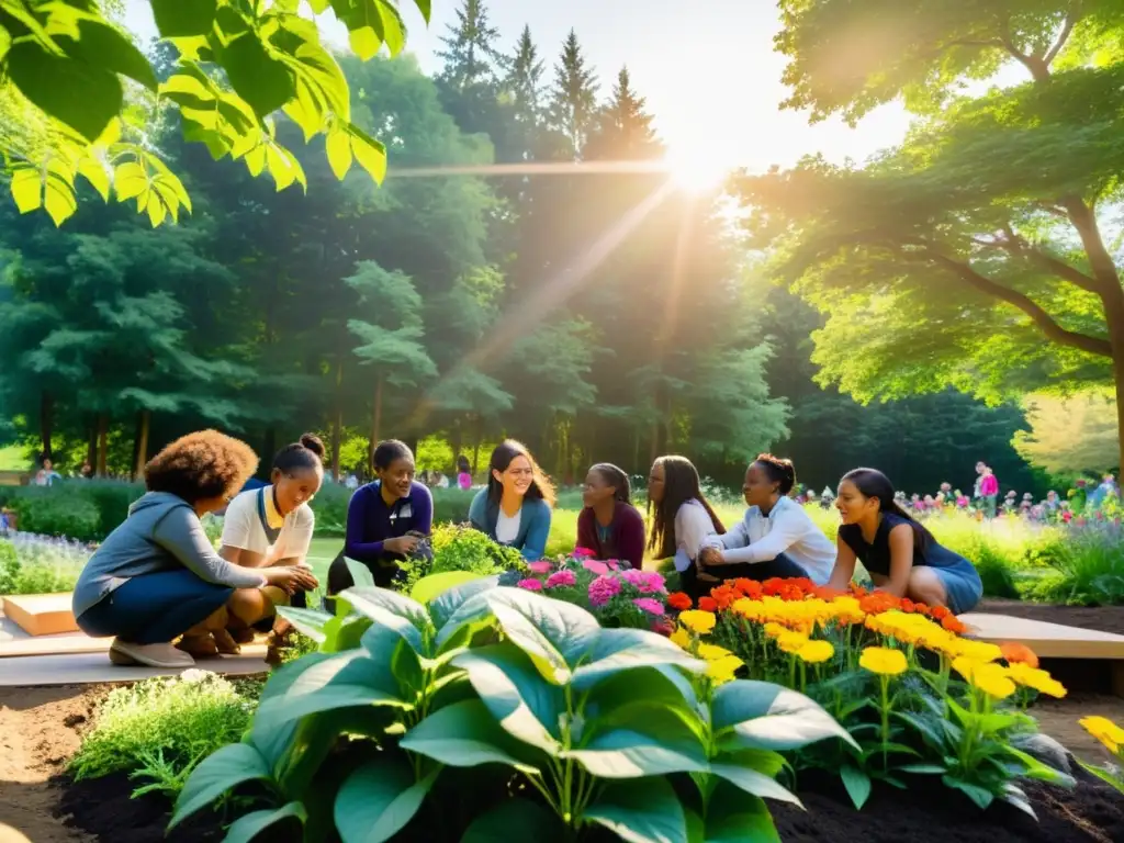 Grupo diverso de estudiantes aprendiendo sobre conciencia ecológica en un aula al aire libre rodeada de naturaleza exuberante