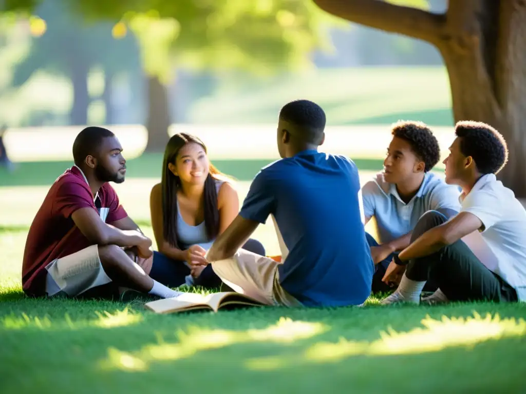 Un grupo diverso de estudiantes debate apasionadamente estrategias filosóficas bajo la luz del sol entre los árboles