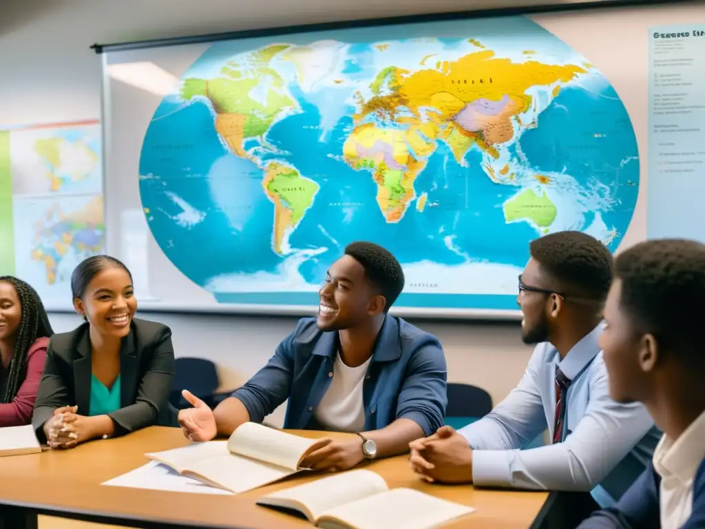 Vibrante diálogo estudiantil en aula postcolonial Grupo diverso de estudiantes debatiendo con entusiasmo en un aula, reflejando la pedagogía postcolonial y la descolonización en la educación