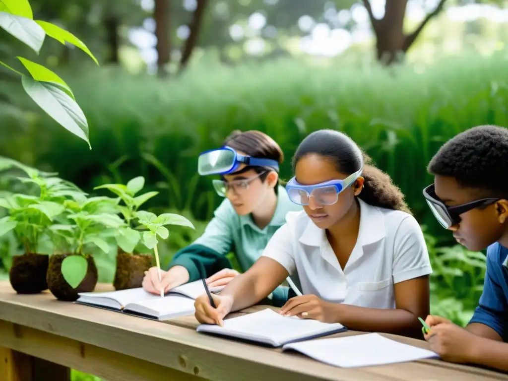 Un grupo diverso de estudiantes realiza experimentos de ciencias ambientales al aire libre, implementando ecología profunda en educación