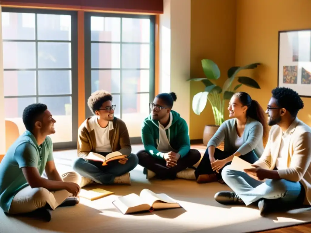 Grupo diverso de estudiantes discutiendo animadamente filosofía latinoamericana, en un aula con decoración tradicional y moderna