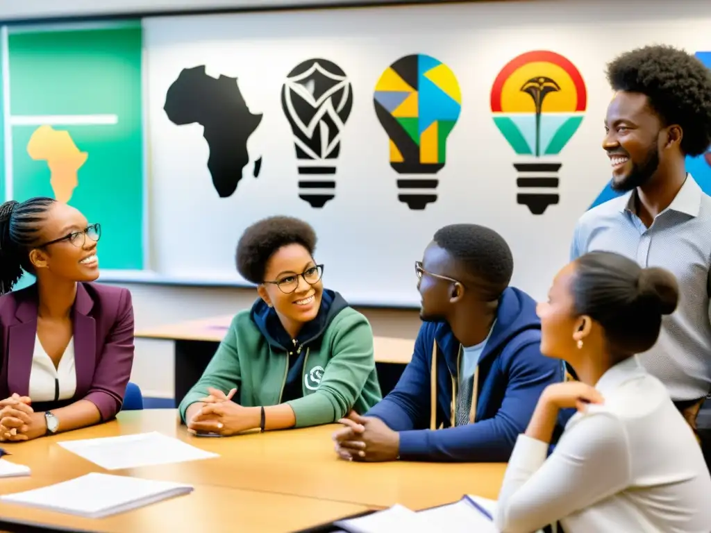 Grupo diverso de estudiantes debatiendo filosofía africana contemporánea en un aula moderna y luminosa, con arte inspirador en las paredes