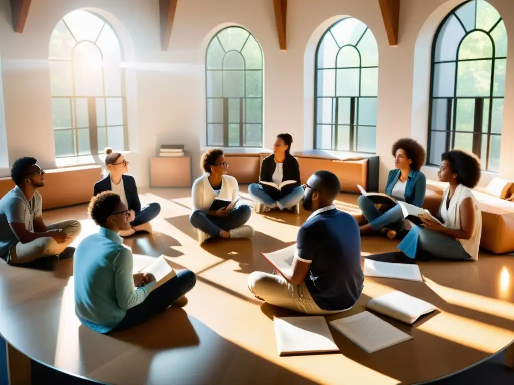 Grupo diverso de estudiantes discutiendo filosofía contemporánea en un curso online, creando un ambiente dinámico y estimulante