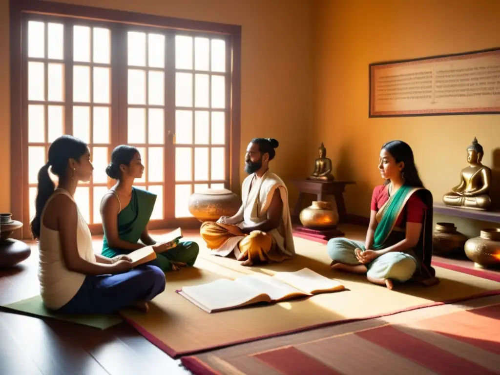 Un grupo diverso de estudiantes inmersos en un curso online de filosofía oriental, rodeados de tranquilidad y sabiduría ancestral