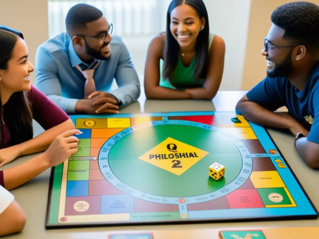 Juego filosófico despierta pasión en estudiantes Grupo diverso de estudiantes juegan un juego filosófico en clase, con enseñanza de filosofía a través del juego