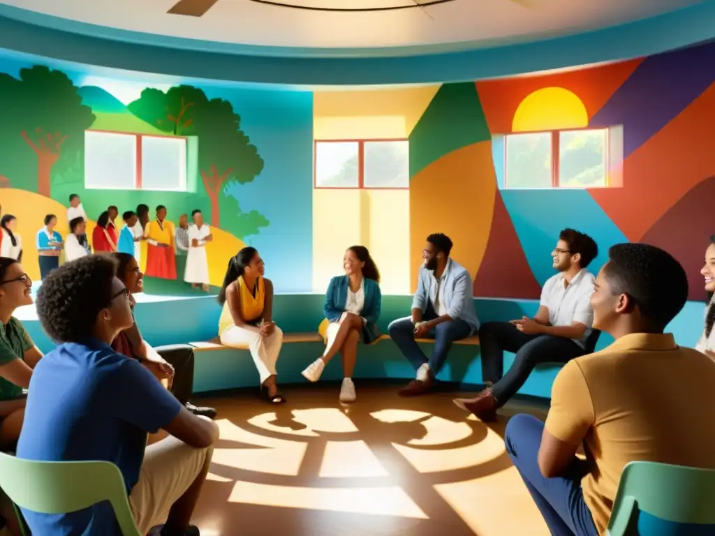Grupo diverso de estudiantes debate filosofía latinoamericana en aula moderna con murales coloridos
