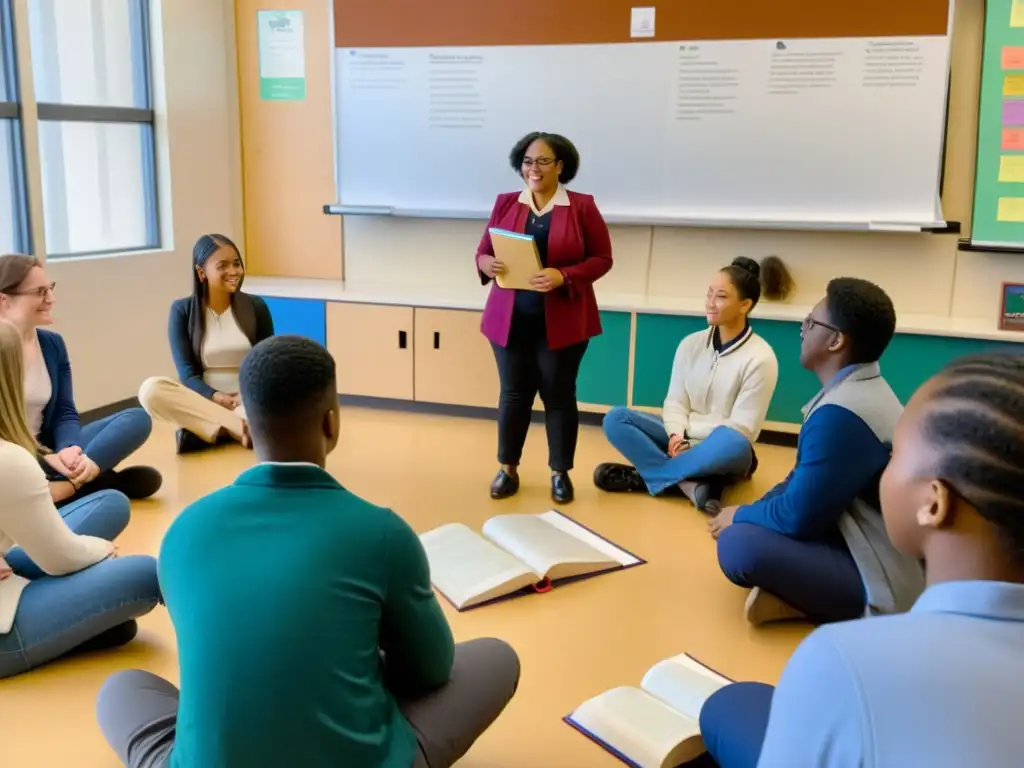 Grupo diverso de estudiantes y maestro no occidental en círculo, discutiendo y compartiendo ideas en aula culturalmente enriquecida