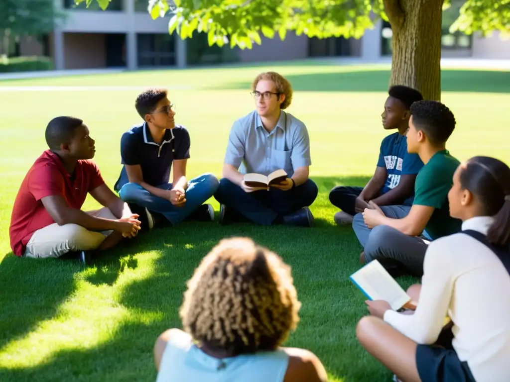 Grupo diverso de estudiantes y su profesor, Henry Giroux, en animada discusión al aire libre, reflejando la pedagogía crítica en acción