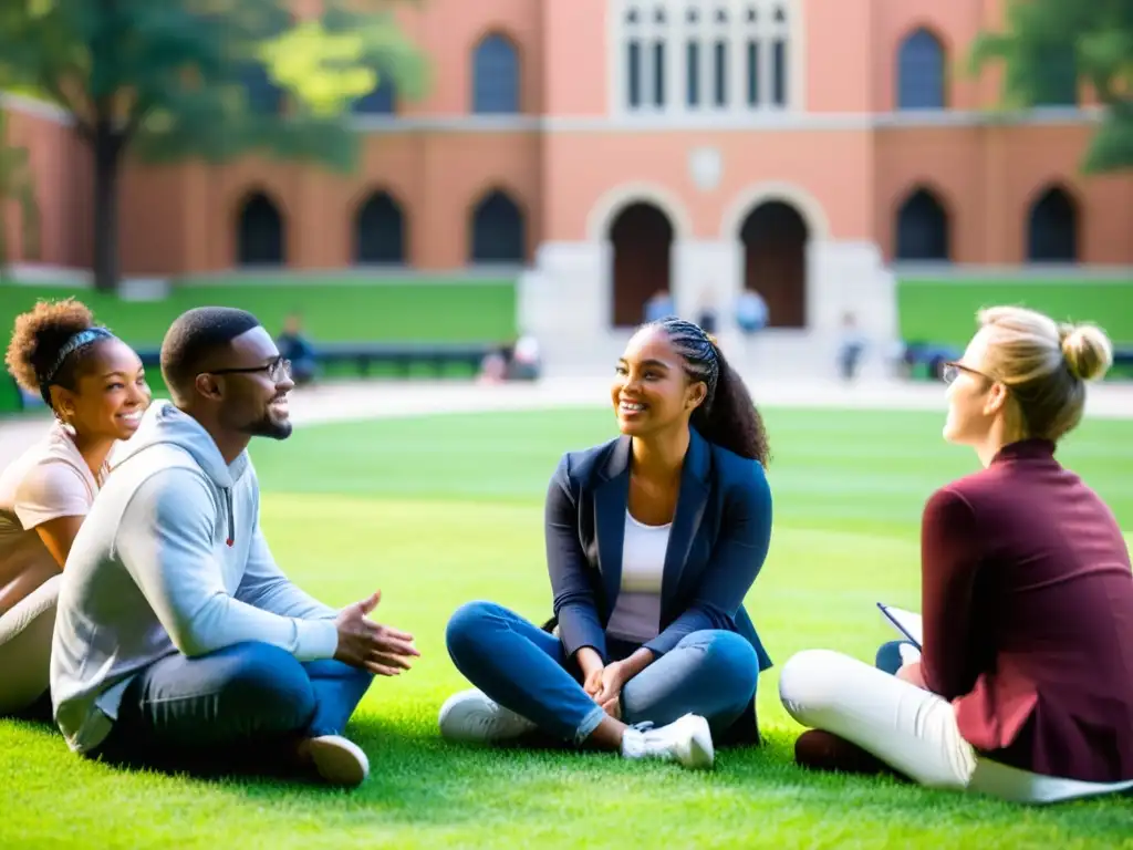 Grupo diverso de estudiantes y profesor en animada discusión en el campus universitario