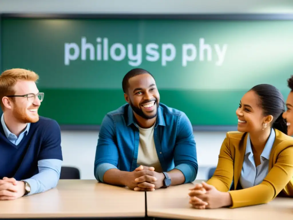 Grupo diverso de estudiantes discuten filosofía con videojuegos como herramienta educativa en aula moderna