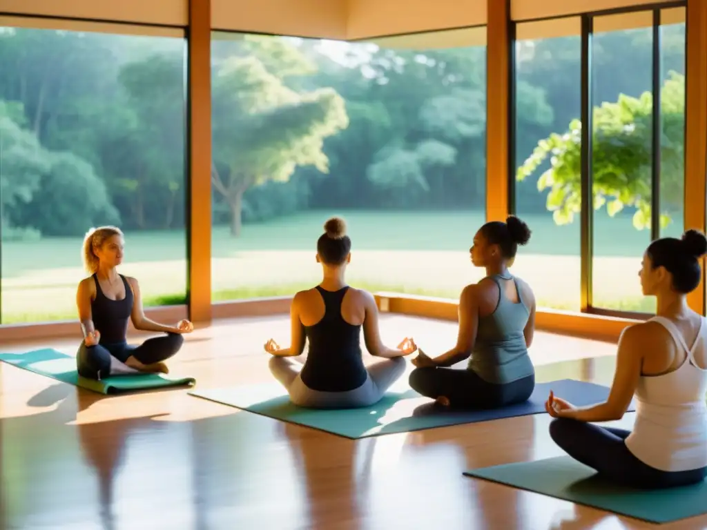 Un grupo diverso reflexiona en un estudio de yoga iluminado por el sol, reflejando la filosofía detrás del yoga