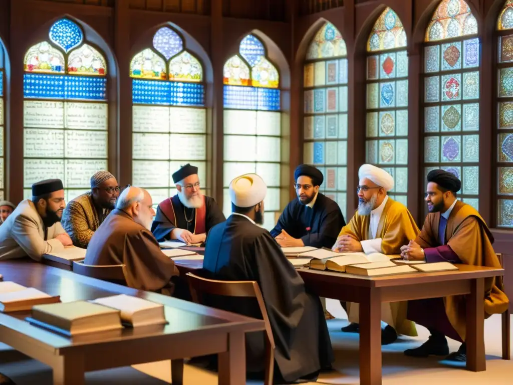 Un grupo diverso de estudiosos islámicos debaten apasionadamente en un entorno intelectual, destacando el pluralismo religioso en filosofía islámica
