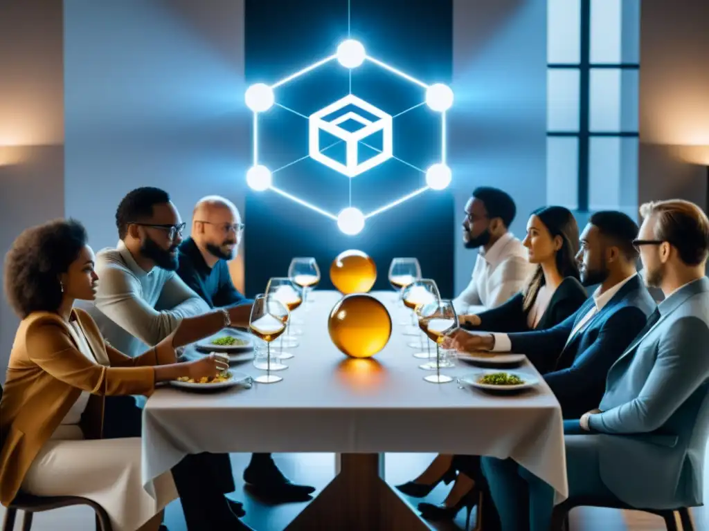 Un grupo diverso debatiendo filosofía en una cena, con una transparencia de blockchain, fusionando tecnología y reflexión intelectual