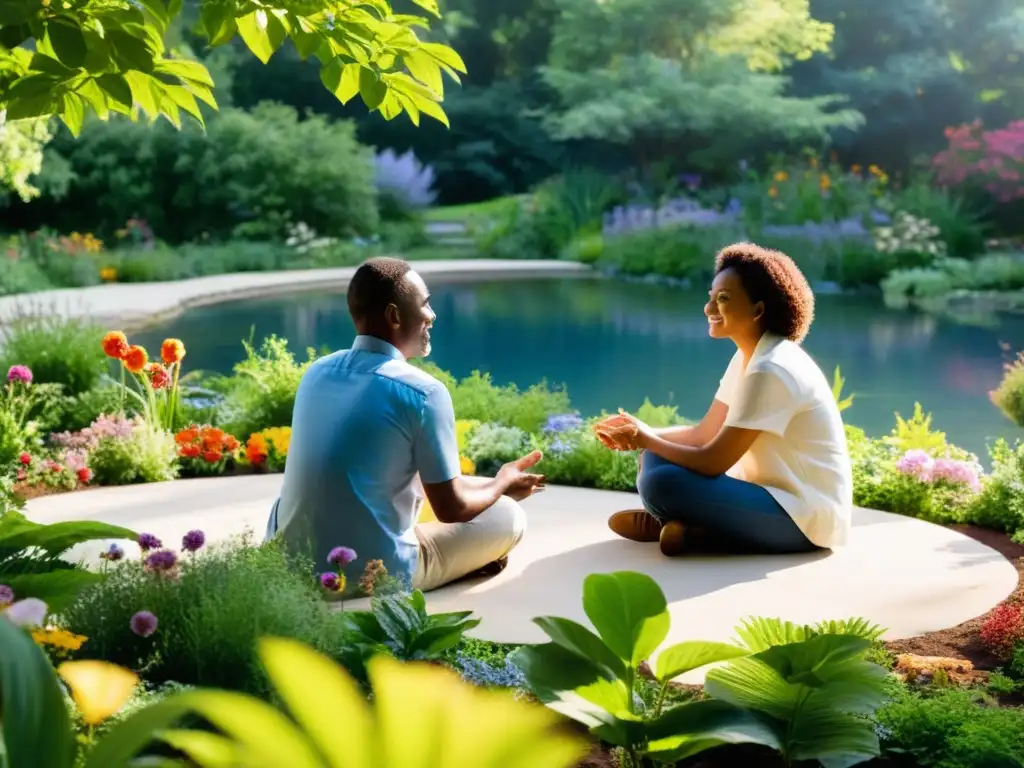 Un grupo diverso disfruta de la filosofía y el placer en un jardín de Epicuro, rodeados de naturaleza exuberante y serenidad
