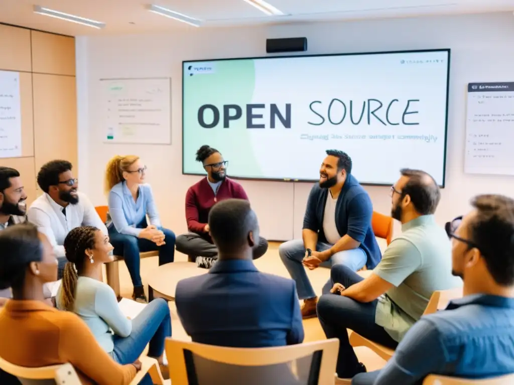 Un grupo diverso discute apasionadamente sobre la Filosofía del Open Source como bien común, rodeados de luz natural y un ambiente acogedor