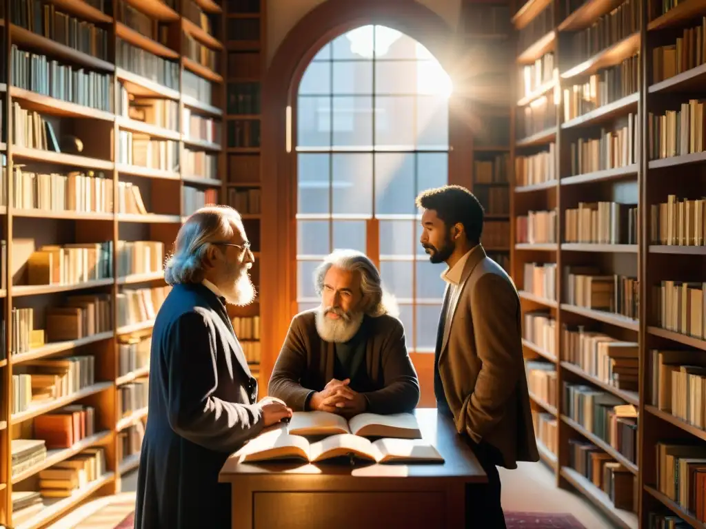 Grupo diverso de filósofos debatiendo en una biblioteca soleada, capturando la esencia de la filosofía del lenguaje y la cognición