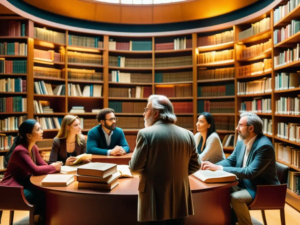 Grupo diverso de filósofos debatiendo en biblioteca con libros antiguos y revistas científicas