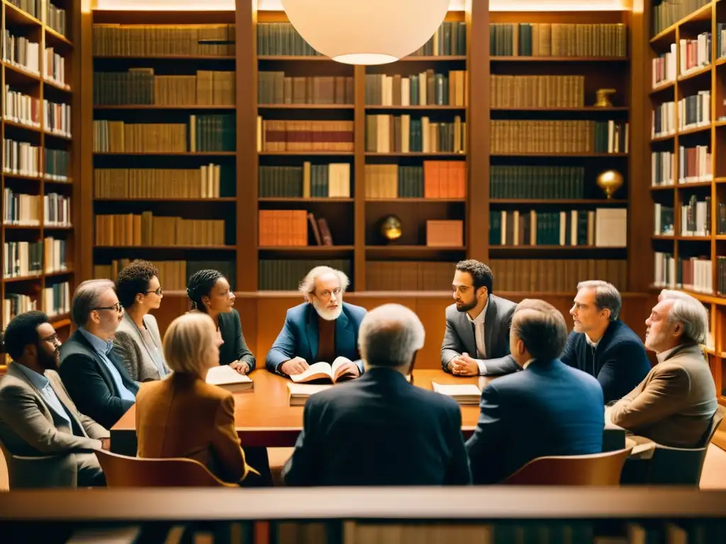 Grupo diverso de filósofos contemporáneos debatiendo en una biblioteca iluminada, capturando la atmósfera de sincretismo filosófico