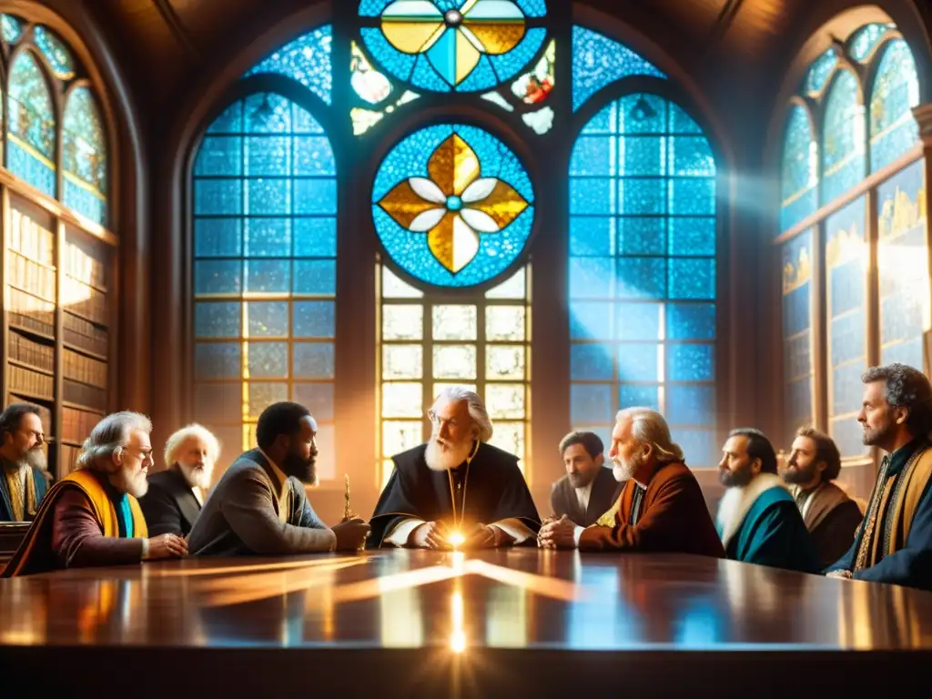 Un grupo diverso de filósofos de diferentes épocas debaten en una biblioteca antigua