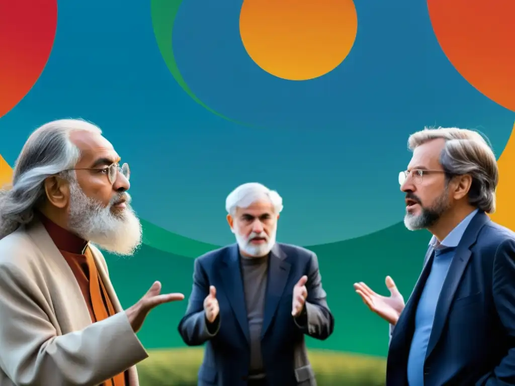 Grupo diverso de filósofos inmersos en un intenso debate sobre el cambio climático