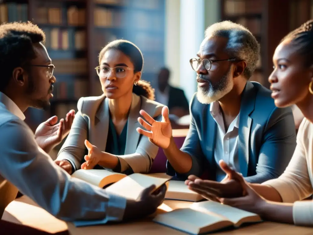 Grupo diverso de filósofos debatiendo apasionadamente, con libros y papeles esparcidos