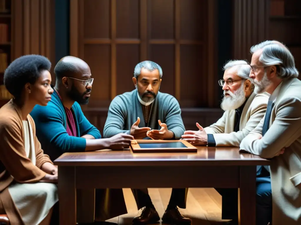 Un grupo diverso de filósofos discute intensamente alrededor de una mesa de madera en un estudio lleno de libros