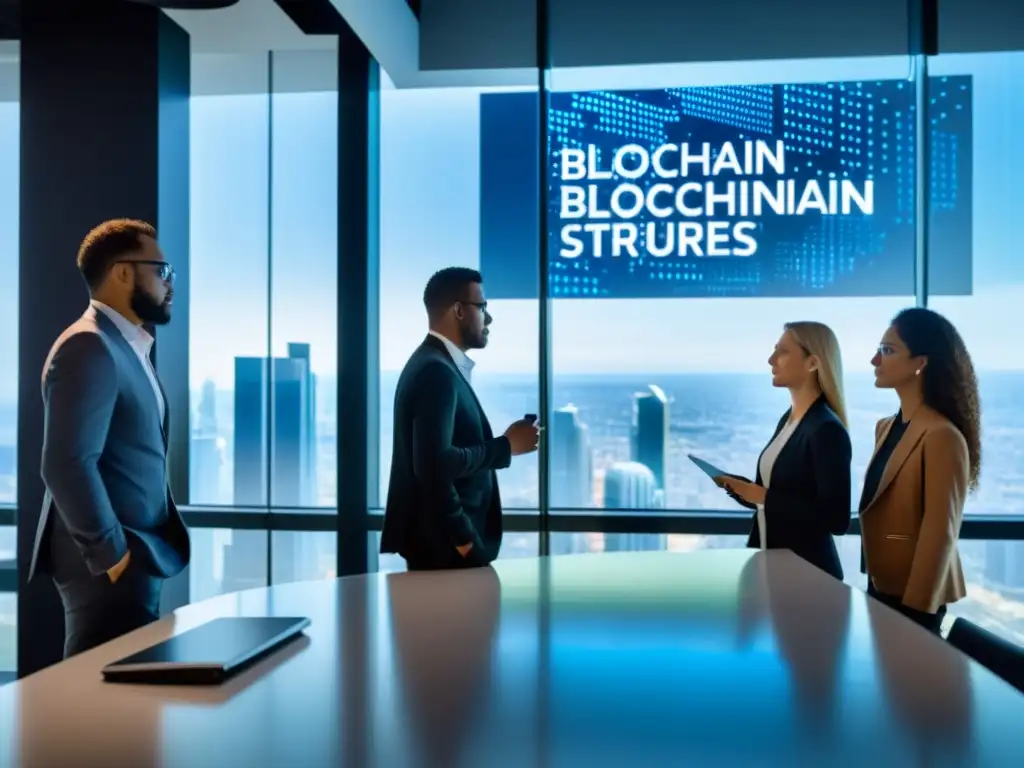Un grupo diverso conversa frente a una pantalla digital futurista con complejos algoritmos blockchain