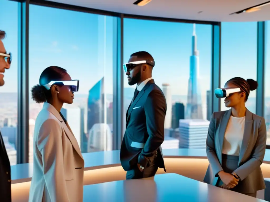 Grupo diverso usando gafas AR discute ética y prejuicios en IA en oficina futurista con tecnología de vanguardia y vista a la ciudad