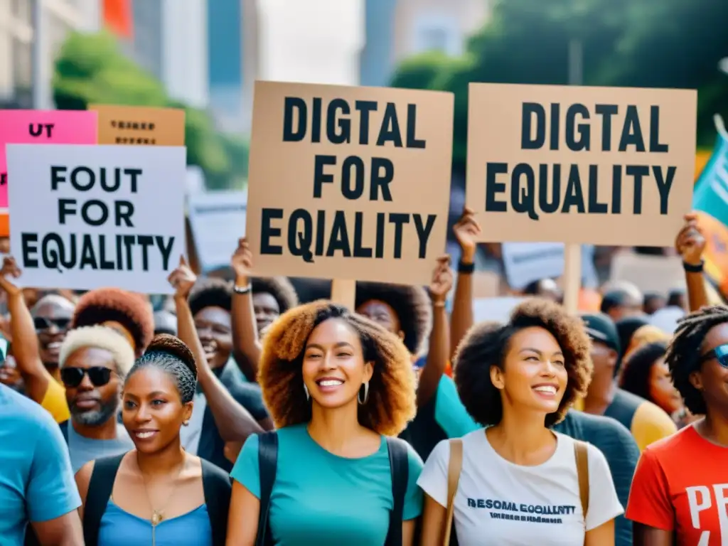 Grupo diverso marchando por la igualdad digital y postcolonialismo en la era actual, con pancartas llamativas en la ciudad