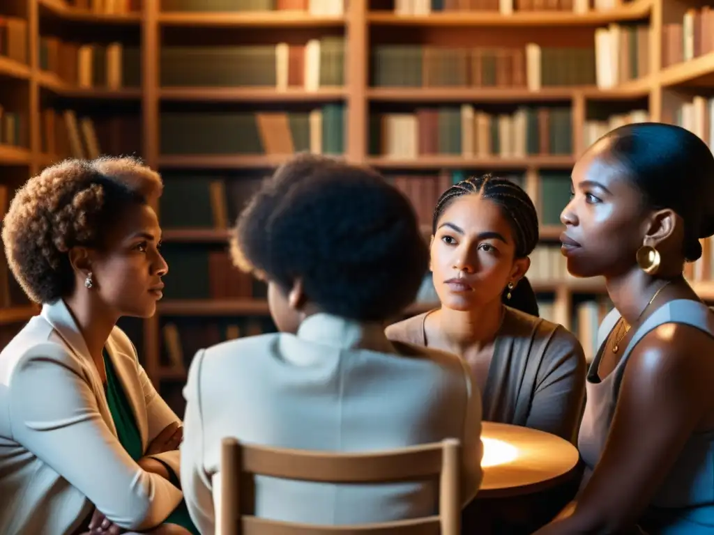 Diálogo filosófico diverso en ambiente acogedor Grupo diverso inmerso en intensa discusión filosófica, rodeado de libros antiguos y con ambiente cálido de aprendizaje colaborativo